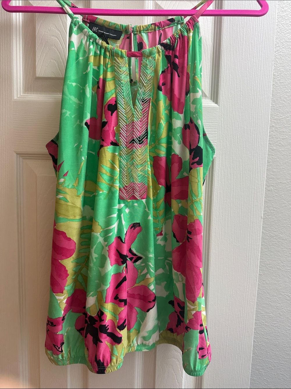 INC International Concepts Pink & Green Floral Halter top with beaded neck line